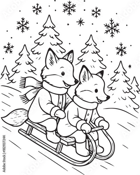 Fototapeta Vintage-style line art of two fox sisters sledding down a snowy hill. Cozy fur coats, scarves, and a winter landscape create a charming, child-friendly Christmas coloring page.