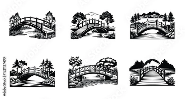 Fototapeta Collection of beautiful arched bridges over water with nature scenes in monochrome