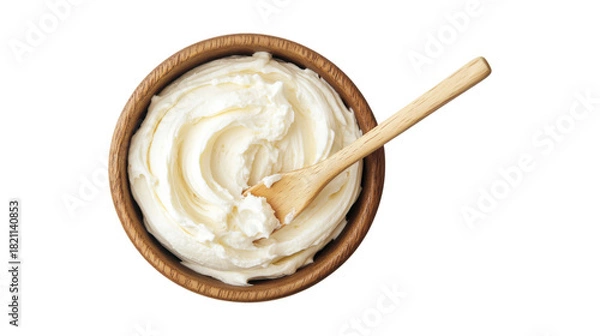 Obraz Cream cheese in wooden bowl with spoon isolated on a transparent background