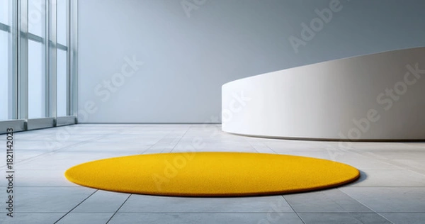 Obraz Minimalist modern interior with large yellow circular rug on tiled floor and curved white wall under natural light