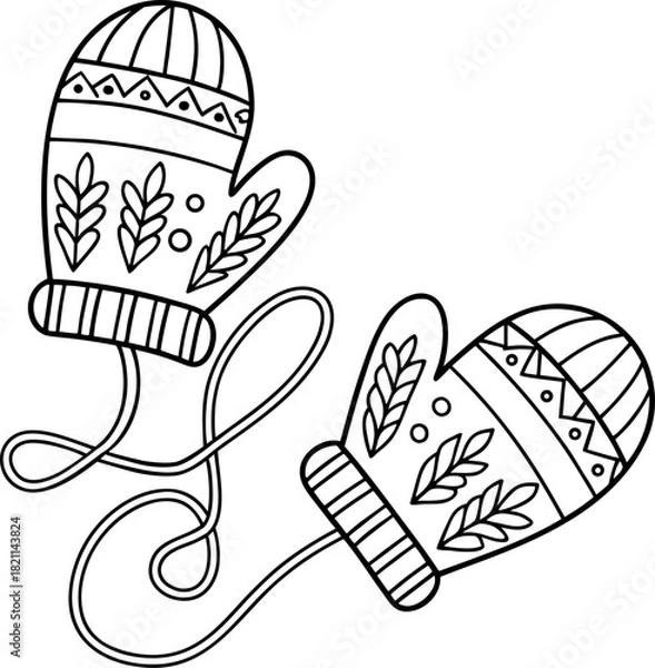 Fototapeta Simple line drawing of a pair of winter mittens with knitted patterns for coloring book pages