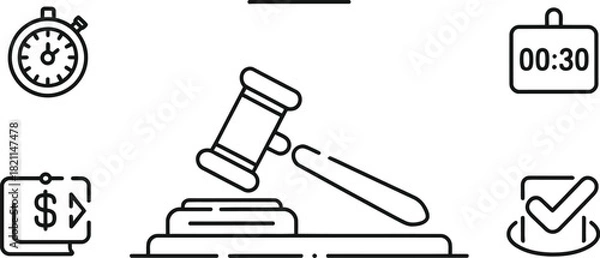 Fototapeta Auction gavel and icons representing time, money, and approval.