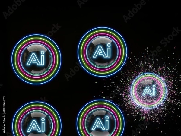 Fototapeta Neon AI orbs in grid with one bursting into sparks on dark backdrop