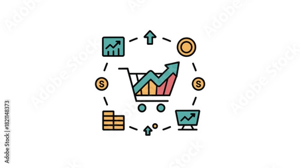 Obraz Shopping cart graphic with rising graph and coins illustrates business growth and profit.