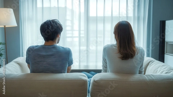 Obraz An young asian couple sitting on opposite ends of sofa, body language slightly turned away, neutral faces looking in different directions. Emotional distance and relation crisis concept.