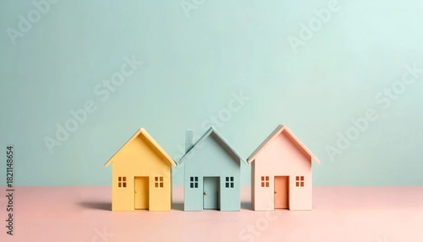 Obraz A simple geometric group of small wooden houses, soft pastel background. Symbolic composition suitable for legal or mediation visuals in real estate, sale and division of property. Copy space