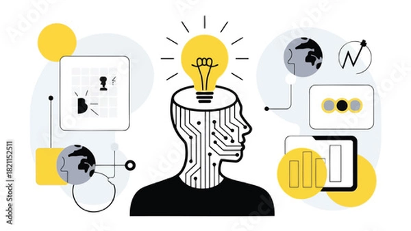 Fototapeta Minimalist illustration of a single person in profile rendered with clean lines and a vibrant color palette