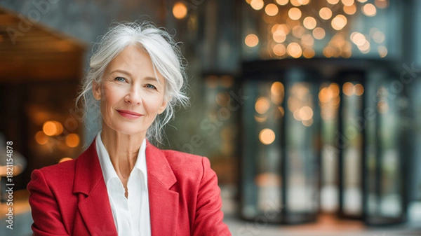 Obraz Senior businesswoman in red tailored suit in hotel entrance. Portrait of older woman in office. Blurred bokeh background. Concept image of business and travel.	