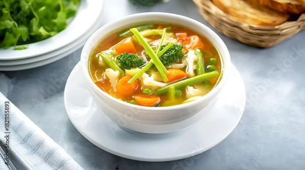 Fototapeta Bowl of vegetable soup with bread on the side