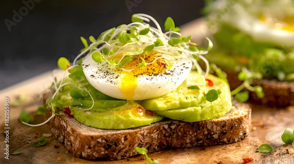 Fototapeta Avocado toast with poached egg and sprouts on wood