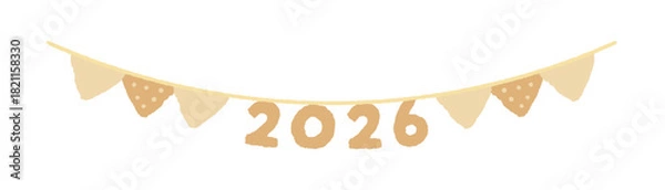 Obraz 2026の文字と三角形のフラッグ - 手描きのかわいい2026年のデザイン用デコレーションガーランド