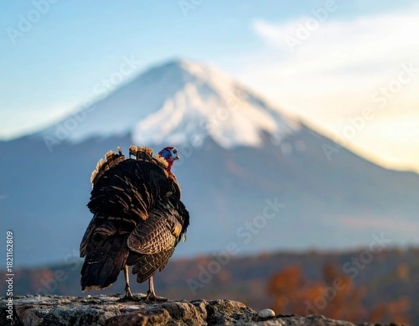 Obraz A striking wild turkey observes a majestic snow-capped mountain peak under a clear sky at dawn