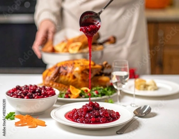 Fototapeta Serving homemade cranberry sauce over a festive holiday turkey dinner with all the traditional