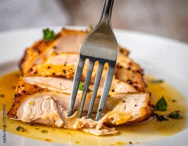 Obraz Juicy oven-baked chicken breast slices with a fork pulling a tender piece, served on a white plate