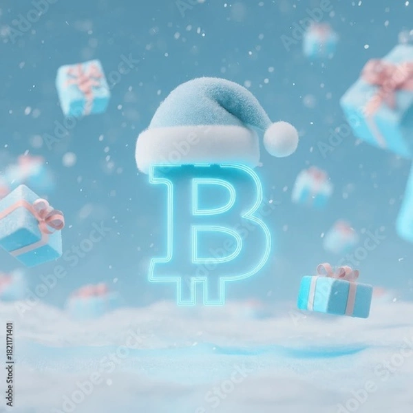 Obraz Bitcoin Christmas Concept with Santa Hat and Floating Gifts