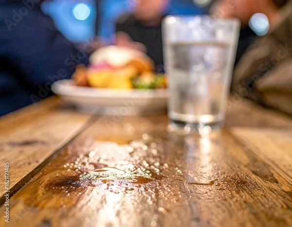 Obraz Refreshing glass of water leaving condensation droplets on a rustic wooden dining table during a