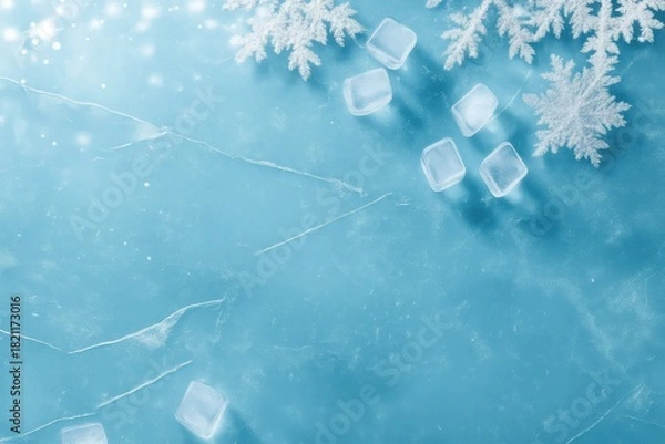 Fototapeta Frozen Winter Background with Ice Cubes and Snowflakes
