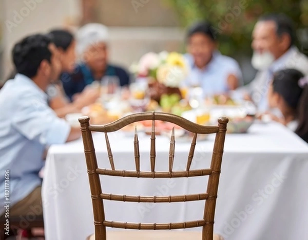 Obraz An inviting empty chair awaits a guest at a lively outdoor family gathering enjoying a celebratory