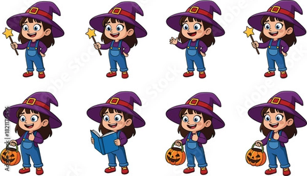 Fototapeta Cute Cartoon Girl Witch Vector Set in Eight Poses: Holding Magic Wand and Pumpkin Bucket, Reading, and Waving, Ideal for Halloween and Children's Graphics