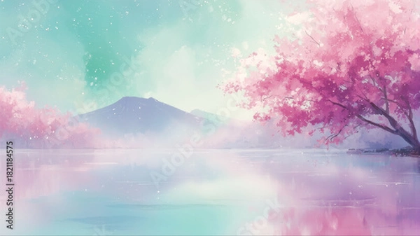 Obraz 満開の桜と静かな湖に映る山並みを描いた幻想的な水彩画風の春の風景イラスト
