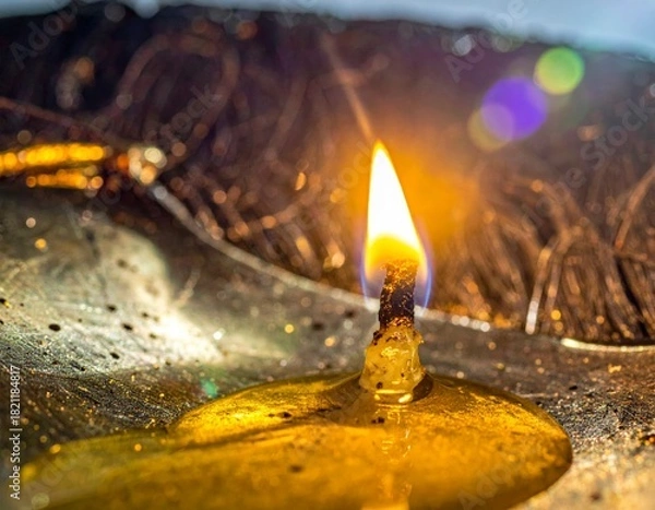 Obraz Close-up of a vibrant golden candle flame illuminating a warm, reflective pool of wax