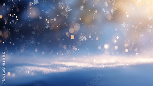 Obraz 雪の結晶が静かに降り積もる幻想的な冬の青い背景とキラキラ輝く黄金色の光