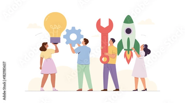 Fototapeta A vibrant banner design featuring a group of four diverse figures with one prominently holding a yellow object suitable for advertisements and promotional materials