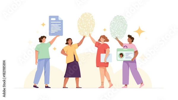 Fototapeta Modern banner design featuring a group of four diverse figures with one prominently holding a vibrant blue object suitable for advertisements and promotional materials