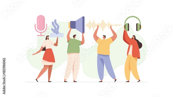 Fototapeta A vibrant illustration featuring a group of four diverse figures with one individual prominently holding a bright pink object rendered in a clean vector graphic style