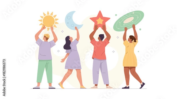 Fototapeta A dynamic illustration depicting a group of four diverse figures with one prominently holding a vibrant yellow object rendered in a clean modern vector design suitable for various applications