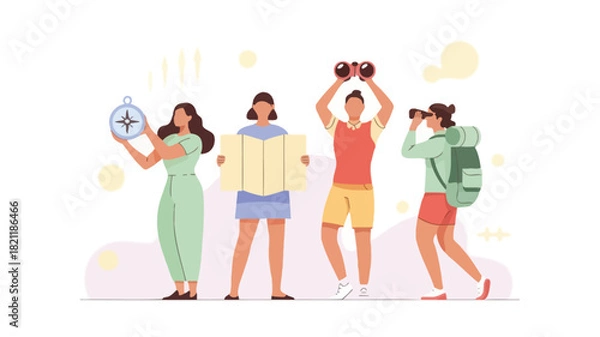 Fototapeta A vibrant banner design featuring a group of four diverse figures with one prominently holding a bright blue object suitable for advertisements and promotional materials