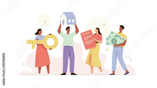 Fototapeta A dynamic illustration of four diverse figures with one prominently holding a vibrant yellow object rendered in a clean scalable vector format suitable for various design applications