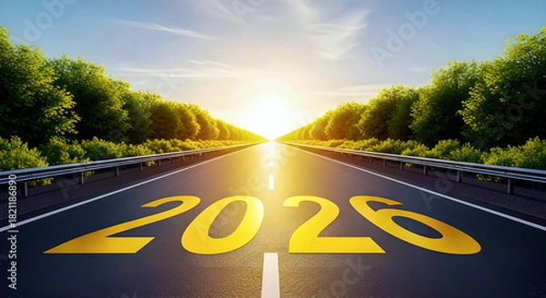 Fototapeta Sunrise Highway Into The Future: Bright 2026 Marked On A Long Open Road