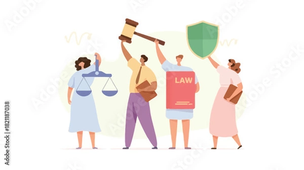 Fototapeta A vibrant banner design featuring a group of four diverse figures with one prominently holding a bright blue object suitable for advertisements and promotional materials