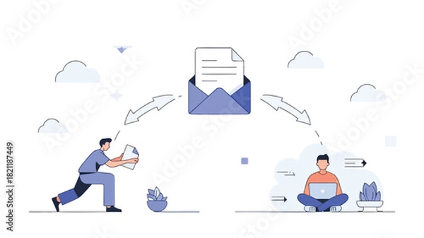 Fototapeta Illustration of a stylized human figure sending a document through a secure digital channel symbolizing data transfer communication and online security