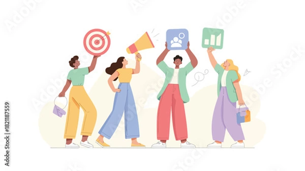 Fototapeta A vibrant vector illustration featuring a group of four diverse figures one of whom is prominently holding a bright red object rendered with a full spectrum of colors and clean lines