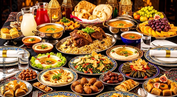 Fototapeta Luxurious Middle Eastern Feast With Dishes, Bread, Fruit, and Beverages on an Ornate Table