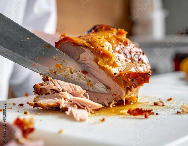 Obraz Expert chef meticulously carving succulent roasted poultry on a pristine white cutting board for a