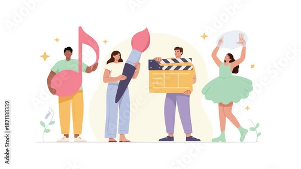 Fototapeta A vibrant vector illustration featuring a diverse group of four stylized figures with one figure prominently holding a bright pink object rendered in a modern clean graphic style