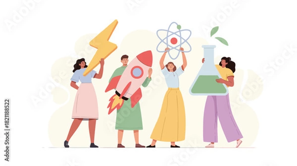 Fototapeta A dynamic graphic illustration featuring a group of four diverse figures with one prominently holding a vibrant yellow object suitable for various design applications