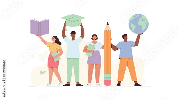 Fototapeta A vibrant vector illustration featuring a diverse group of four stylized figures with one figure prominently holding a purple object suitable for various design projects