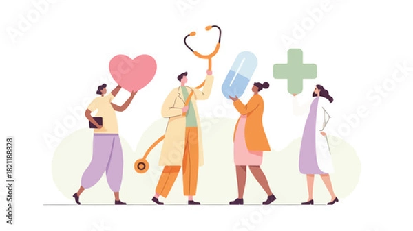 Fototapeta A vibrant vector illustration featuring a group of four diverse figures with one figure prominently holding a bright pink object set against a clean background