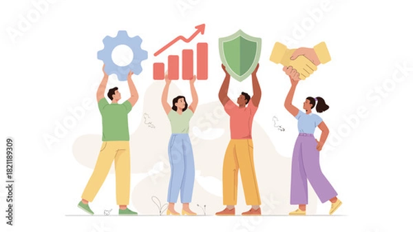 Fototapeta A vibrant vector illustration showcasing a diverse group of four individuals with one person holding an object rendered in a rich cmyk color palette with various accent colors