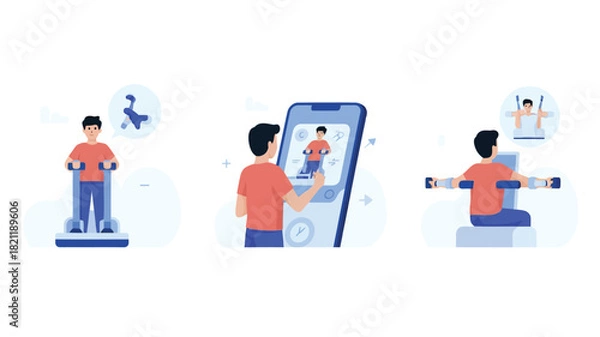 Fototapeta A dynamic illustration depicting a person in three distinct scenes showcasing versatility and creative storytelling with a vibrant color palette and clean typography
