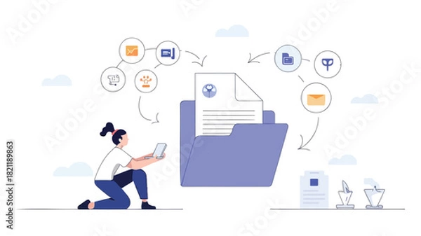 Fototapeta A stylized illustration depicts a solitary figure intently observing a digital document suggesting themes of analysis automation and data processing in a modern technological context
