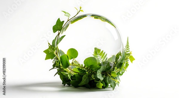Fototapeta Glass sphere surrounded by fresh green foliage isolated on white background