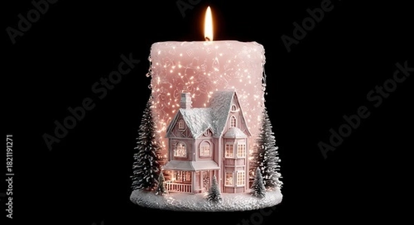 Fototapeta A winter scene depicted within a glowing frosted candle s warm light