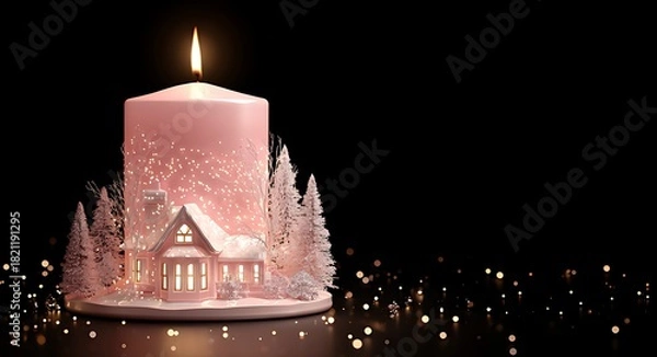 Obraz A glowing pink candle with a winter village scene in a dark setting