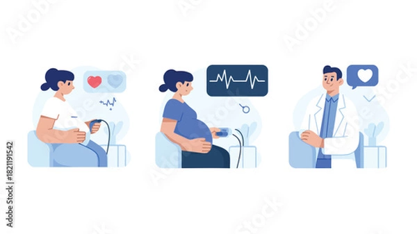 Fototapeta A vibrant three scene illustration depicting a pregnant woman in various stages of anticipation and joy suitable for maternity or family themed designs