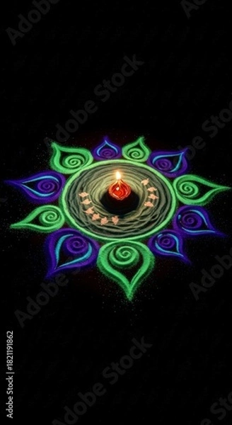 Obraz Vibrant Rangoli art with a glowing diya lamp symbolizing the festive spirit of Diwali
